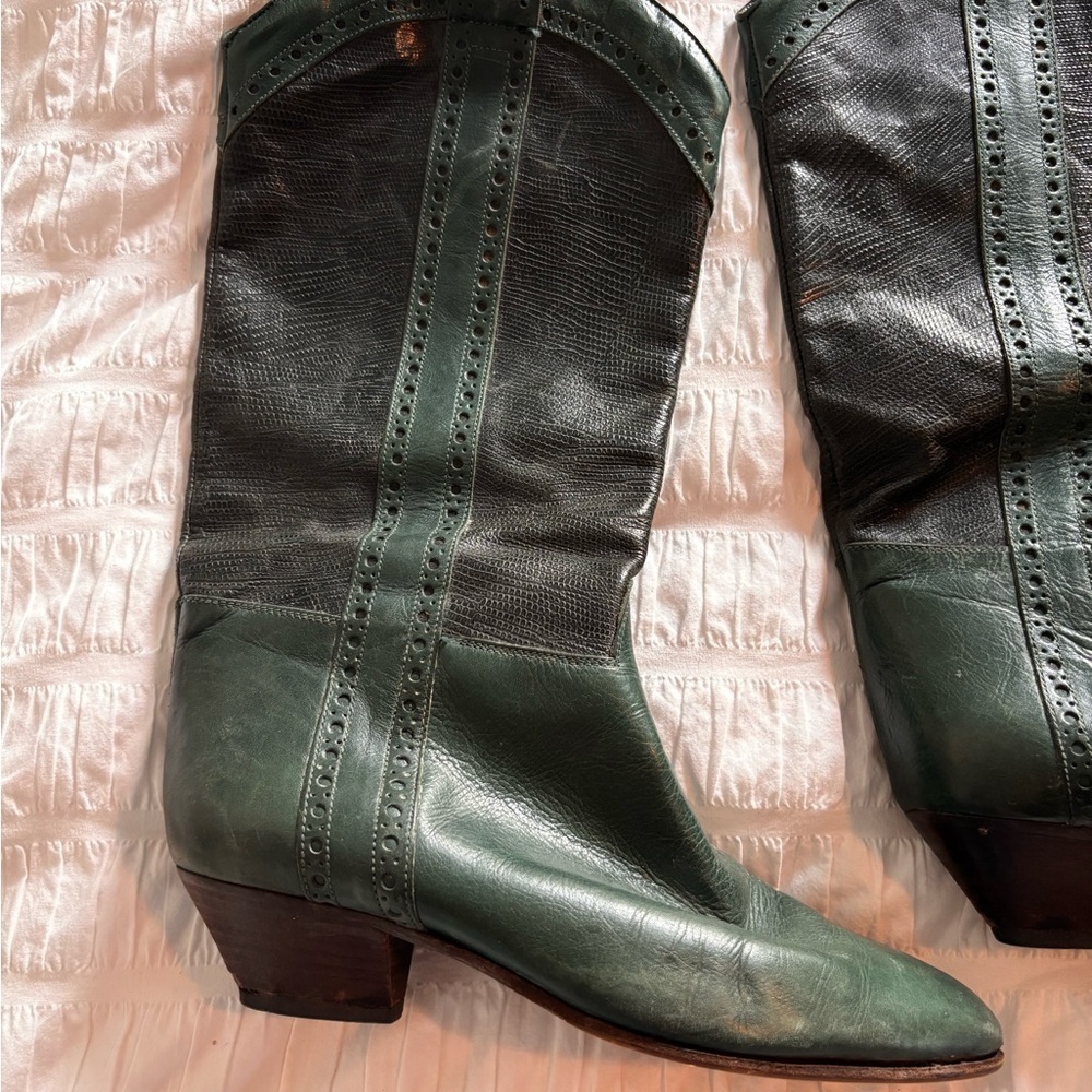 Vintage Green Leather Women's Tilbury23 Rue du Four Paris Cowboy Boots - Picture 3 of 8